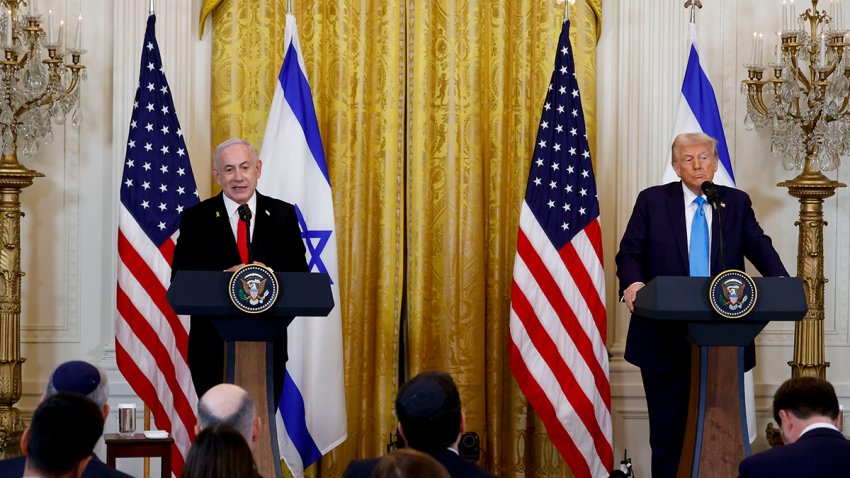 Benjamin Netanyahu, Israel's prime minister, left, and U.S. President Donald Trump during a news conference in the East Room of the White House in Washington, Feb. 4, 2025.