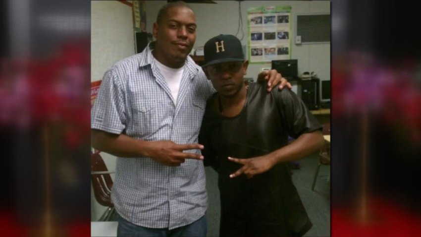 An undated image of teacher Regis Inge and rapper Kendrick Lamar.