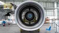 The jet engine of an Airbus SE A380 airplane during a tour of a new maintenance hangar and control tower, at Chateauroux-Centre “Marcel Dassault” Airport in Chateauroux, France, on Friday, July 1, 2022.