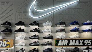 Nike shoes and logo are seen at a store in Nice, France, on May 28, 2024.