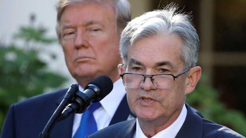 U.S. President Donald Trump looks on as Fed Chair Jerome Powell speaks at the White House in Washington on Nov. 2, 2017.