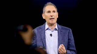 Andy Jassy, chief executive officer of Amazon.com Inc., speaks during an unveiling event in New York, US, on Wednesday, Feb. 26, 2025. Jassy said Amazon is in the process of building over 100 generative artificial intelligence (AI) features.