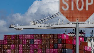A cargo ship full of shipping containers at the port of Oakland as trade tensions escalate over U.S. tariffs, in Oakland, California, on March 6, 2025.