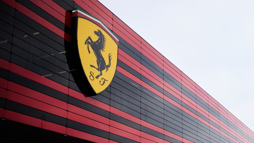 Ferrari logo is seen outside the Ferrari headquarters in Maranello during Lewis Hamilton’s first official days as a Scuderia Ferrari F1 driver at Fiorano Circuit on January 21, 2025 in Fiorano Modenese, Italy.