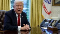 U.S. President Donald Trump speaks to the media in the Oval Office at the White House in Washington, D.C., U.S., March 26, 2025. 