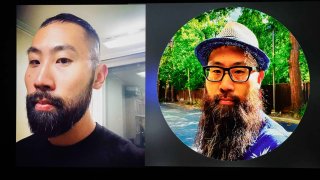 Police display photos of Paul Hyon Kim on a television screen during a press conference on Thursday, March 27, 2025, at Metro Police Headquarters. Kim, 36, was arrested in connection with the fires set at a Tesla service center the week prior. (Bizuayehu Tesfaye/Las Vegas Review-Journal/Tribune News Service via Getty Images)