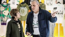 Jeannie Schulz, widow of Charles M. Schulz, talks with French fashion designer Jean-Charles de Castelbajac at the Snoopy In Style exhibition that runs from March 22 through April 5, in Paris Thursday, March 20, 2025. (AP Photo/Thomas Padilla)