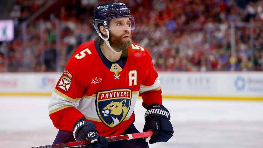 SUNRISE, FL – MARCH 08: Florida Panthers Defenseman Aaron Ekblad (5) looks on during the second period at the game between the Buffalo Sabres and the Florida Panthers on Saturday March 8, 2025 at Amerant Bank Arena in Sunrise, Fla. (Photo by Chris Arjoon/Icon Sportswire via Getty Images)