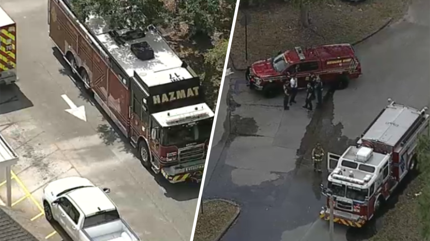 A hazmat truck and fire rescue crews respond to Whispering Pines School in Miramar on April 2, 2025.