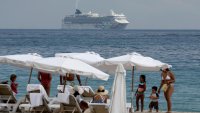 The Norwegian Pearl cruise ship anchored off shore on January 07, 2022 in Miami Beach, Florida.
