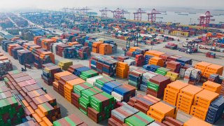 Aerial view of the import and export container terminal of Longtan Port on December 26, 2024 in Nanjing, Jiangsu Province of China.