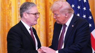 British Prime Minister Keir Starmer and U.S. President Donald Trump shake hands during a joint press conference in the East Room at the White House, Feb. 27, 2025 in Washington, D.C., U.S.