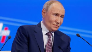 Russian President Vladimir Putin attends the Congress of the Russian Union of Industrialists and Entrepreneurs in Moscow, Russia March 18, 2025.