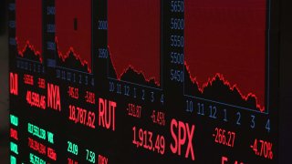 A screen shows trading indexes at the New York Stock Exchange on April 3, 2025.