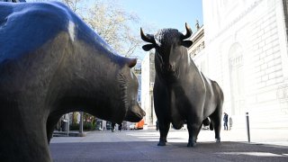 A bull statue and a bear statue stand outside the Frankfurt Stock Exchange on April 7, 2025 in Frankfurt, Germany.