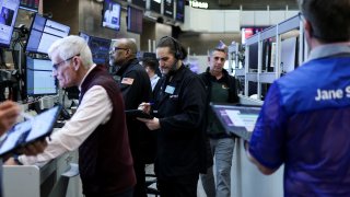 Futures-options traders work on the floor at the American Stock Exchange (AMEX) at the New York Stock Exchange in New York City, U.S., April 10, 2025.