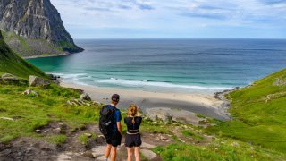 The secluded bay of Kvalvika on the Lofoten archipelago in northern Norway in the Norwegian Sea.