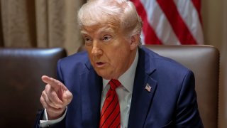 U.S. President Donald Trump hosts Italian Prime Minister Giorgia Meloni and her visiting officials in the Cabinet Room at the White House on April 17, 2025 in Washington, DC.