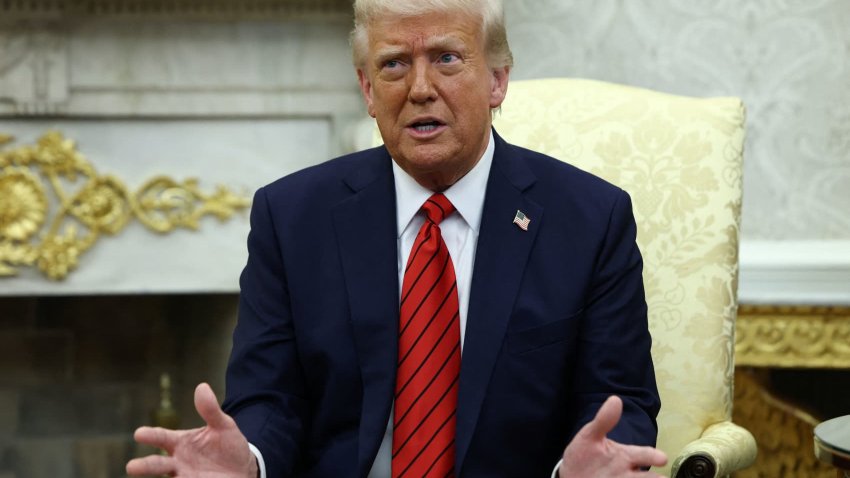 U.S. President Donald Trump speaks as he meets with Italian Prime Minister Giorgia Meloni (not pictured) in the Oval Office at the White House in Washington, D.C., U.S., April 17, 2025.