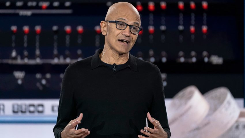 Microsoft CEO Satya Nadella speaks during an event commemorating the 50th anniversary of the company at Microsoft headquarters in Redmond, Washington, on April 4, 2025. Microsoft Corp., determined to hold its ground in artificial intelligence, will soon let consumers tailor the Copilot digital assistant to their own needs.