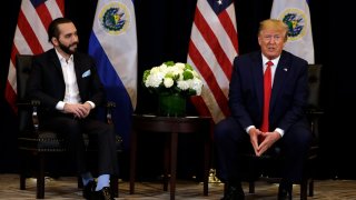 FILE – President Donald Trump, right, meets with El Salvador’s President Nayib Bukele during the United Nations General Assembly, Sept. 25, 2019, in New York.