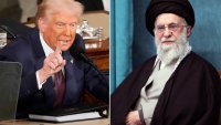 FILE – This combination image of pictures show President Donald Trump, left, addressing a joint session of Congress at the Capitol in Washington, March 4, 2025, and a handout of Supreme Leader Ayatollah Ali Khamenei attending a ceremony in Tehran, Iran, March 8, 2025.