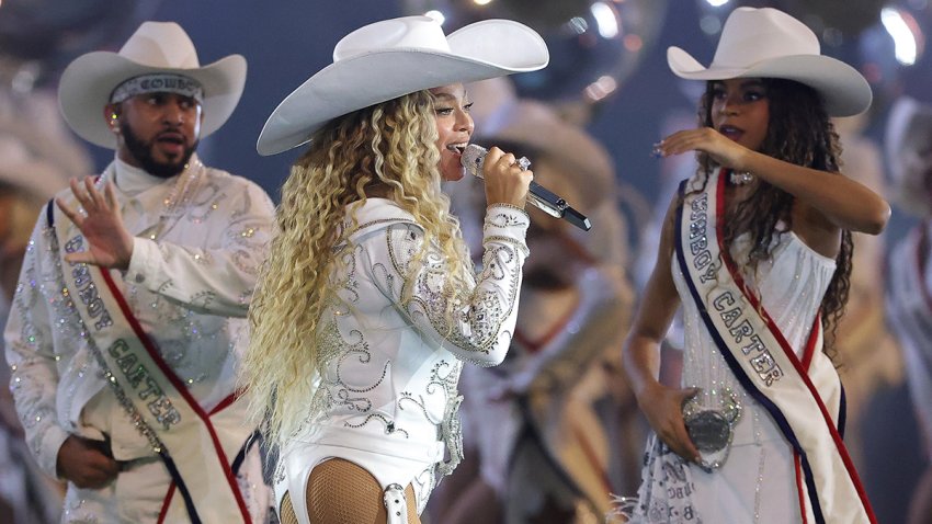 FILE - Beyoncé performs with daughter Blue Ivy during the halftime show for the game between the Baltimore Ravens and the Houston Texans at NRG Stadium on Dec. 25, 2024, in Houston, Texas.