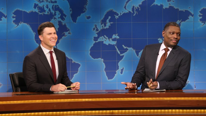 SATURDAY NIGHT LIVE -- Episode 1879 -- Pictured: (l-r) Anchor Colin Jost and anchor Michael Che during Weekend Update on Saturday, March 29, 2025 -- (Photo by: Will Heath/NBC via Getty Images)