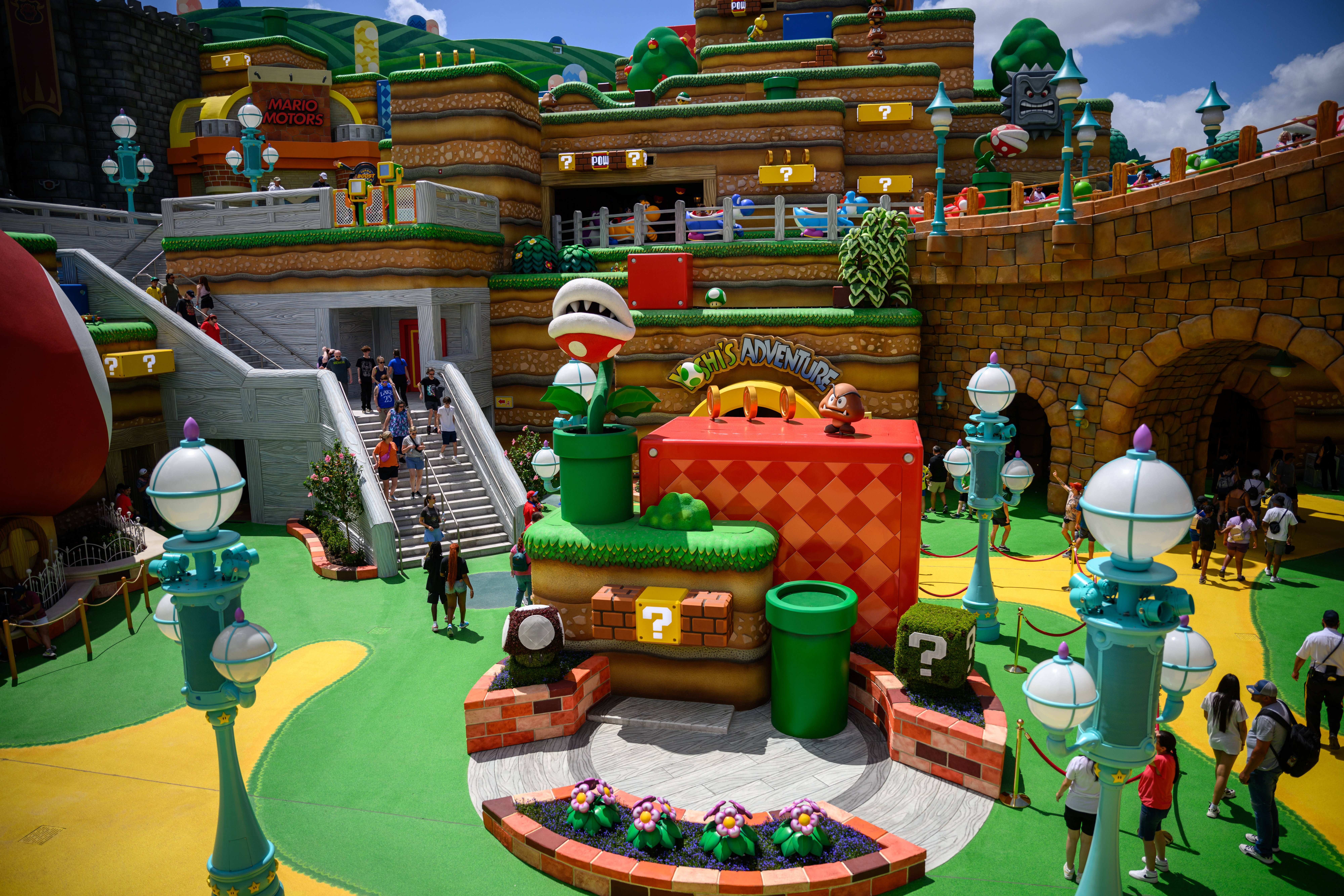 Guests walk through the Super Nintendo World