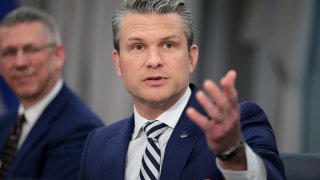 Secretary of Defense Pete Hegseth speaks during a meeting with El Salvador Minister of National Defense René Merino Monroy