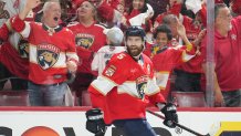 SUNRISE, FL - APRIL 28: Florida Panthers defenseman Aaron Ekblad (5) celebrates his goal in the third period during the Stanley Cup Playoffs First Round game between the Tampa Bay Lightning and the Florida Panthers on Monday, April 28, 2025 at Amerant Bank Arena in Sunrise, FL (Photo by Peter Joneleit/Icon Sportswire via Getty Images)