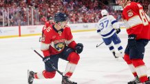SUNRISE, FLORIDA - APRIL 28: Anton Lundell #15 of the Florida Panthers celebrates after scoring a goal during the second period against the Tampa Bay Lightning during the second period in Game Four of the First Round of the 2025 Stanley Cup Playoffs at Amerant Bank Arena on April 28, 2025 in Sunrise, Florida. (Photo by Carmen Mandato/Getty Images)
