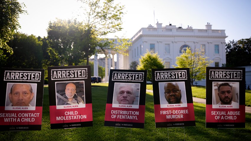 Posters depicting detained immigrants now line the north lawn outside the West Wing of the White House on April 28, 2025.