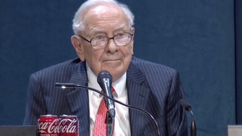 Warren Buffett speaks during the Berkshire Hathaway Annual Shareholders Meeting in Omaha, Nebraska on May 3, 2025.