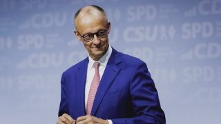 Friedrich Merz, designated Federal Chancellor (CDU), is pictured during the signing of the coalition agreement between the SPD, CDU, and CSU on May 05, 2025 in Berlin, Germany.