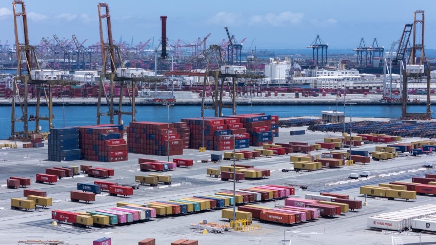 Cranes at the Port of Los Angeles are empty of cargo ships as shown with a drone at in San Pedro California, U.S., May 13, 2025.