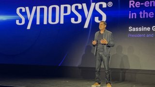 Sassine Ghazi, CEO of semiconductor design software firm Synopsys, explains the company’s plans to have artificial intelligence take over parts of designing computer chips at the company’s annual user conference in Santa Clara, California, on March 19, 2025.