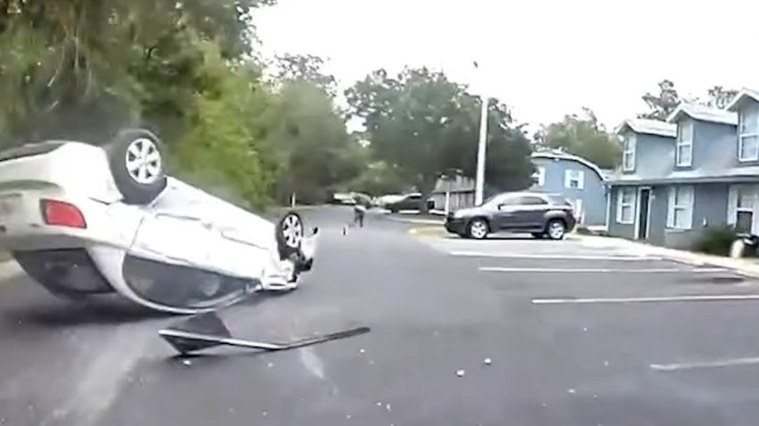 A police chase in Ocala, Florida ended with a suspect’s car flipping near an apartment complex before he fled on foot with a rifle. Officers used a taser to arrest him and recovered the weapon nearby.