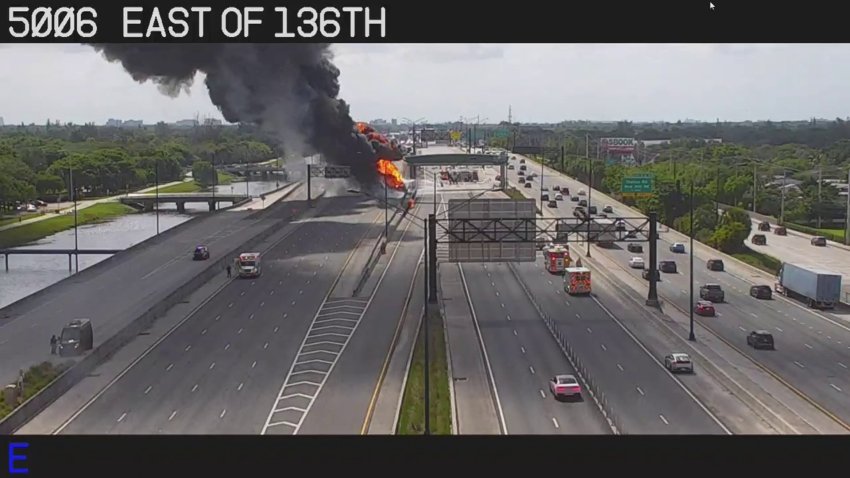 Large flames on I-595 after fuel tanker crash in Broward County