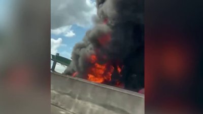 1 hospitalized after tanker goes up in flames after colliding with bus on I-595