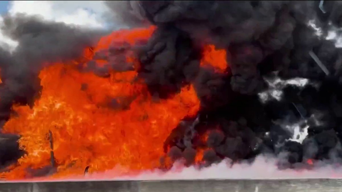 Video shows massive fire that left driver hurt in tanker truck crash on I-595 in Broward