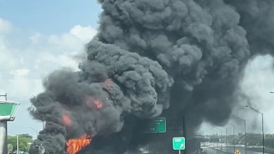 1 hospitalized after tanker goes up in flames after colliding with bus on I-595