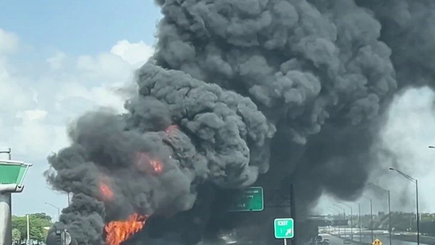 1 hospitalized after tanker goes up in flames after colliding with bus on I-595