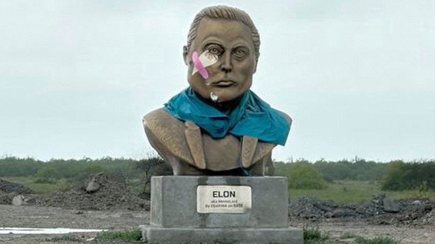 A statue of SpaceX founder Elon Musk on Saturday, May 3, 2025, is seen near the town of Boca Chica, Texas, that would become Starbase, Texas, if local residents approve a measure to make the area surrounding the rocket launch site its own city. (AP Photo/Valerie Gonzalez)
