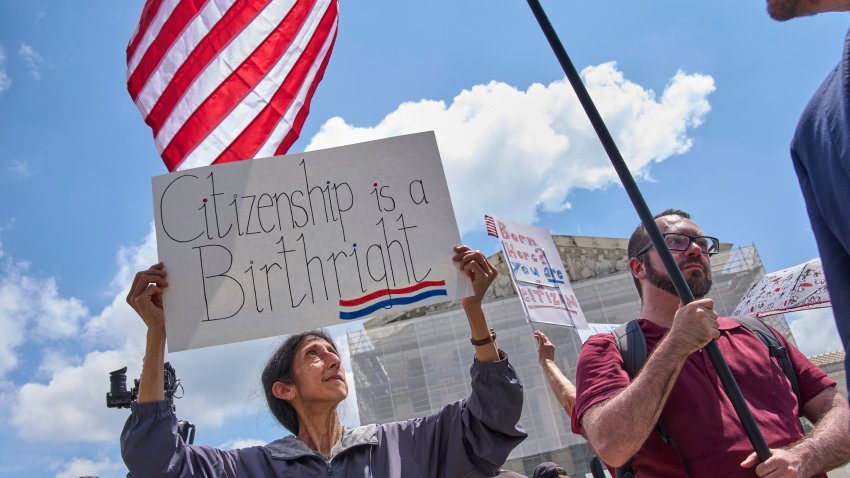 Tanjam Jacobson, of Silver Spring, Md., holds a sign saying “Citizenship is a Birthright,” Thursday, May 15, 2025, outside the Supreme Court in Washington. Jacobson is a naturalized U.S. citizen who was born in England of Indian descent, and her son was born here. “This is something that really matters,” says Jacobson, “it’s so wrong against the constitution [to take away birthright citizenship].”