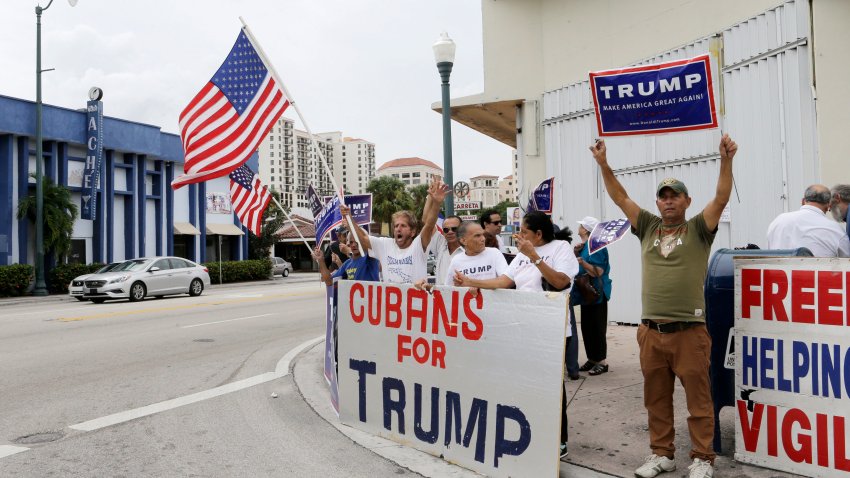 Cuban-Americans chant pro-Trump slogans as they show their support for Republican presidential candidate Donald Trump in Miami on Oct. 28, 2016.