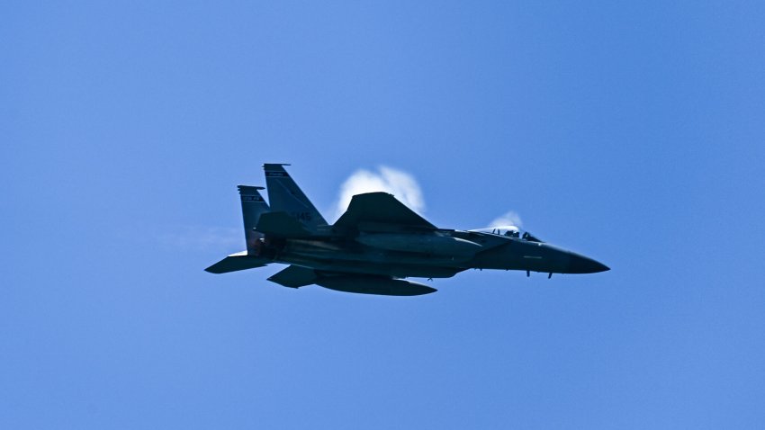 USAF F-15 Eagle performs during the Memorial Day Hyundai Air and Sea Show in Miami Beach, Florida on May 29, 2021. – The Hyundai Air & Sea Show showcases the women, men, technology, and equipment from all five branches of the United States military. (Photo by CHANDAN KHANNA / AFP) (Photo by CHANDAN KHANNA/AFP via Getty Images)