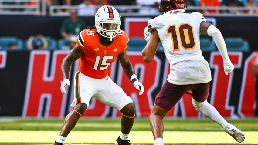 MIAMI GARDENS, FL – SEPTEMBER 3, 2022: Avantae Williams #15 of the Miami Hurricanes covers Kahlil Overton #10 of the Bethune Cookman Wildcats during the first half at Hard Rock Stadium on September 3, 2022 in Miami Gardens, Florida. (Photo by Chris Bernacchi/Diamond Images via Getty Images)