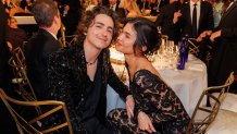 Timothée Chalamet and Kylie Jenner at the 81st Golden Globe Awards held at the Beverly Hilton Hotel on January 7, 2024 in Beverly Hills, California. (Photo by Christopher Polk/Golden Globes 2024/Golden Globes 2024 via Getty Images)
