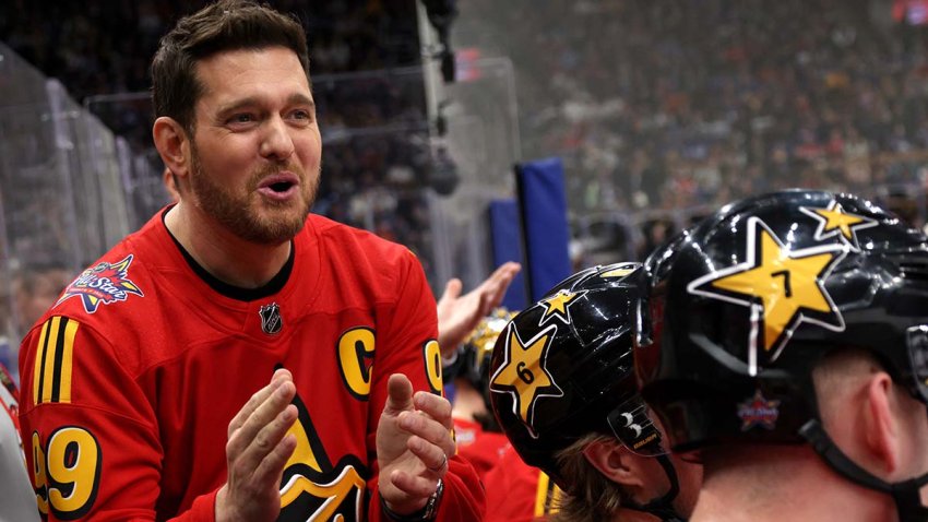 TORONTO, ONTARIO – FEBRUARY 03: Michael Buble cheers on Team Hughes from behind the bench during the 2024 Honda NHL All-Star Game at Scotiabank Arena on February 03, 2024 in Toronto, Ontario, Canada. (Photo by Dave Sandford/NHLI via Getty Images)